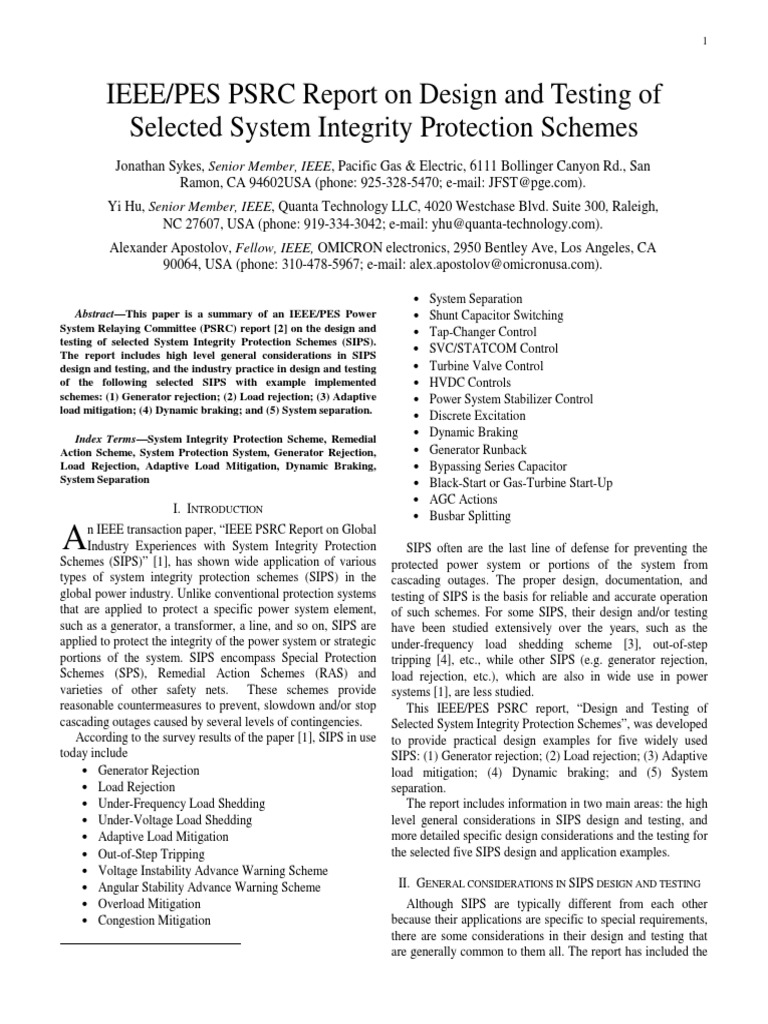 IEEEPES PSRC Report on Design and Testing of Selected System Integrity