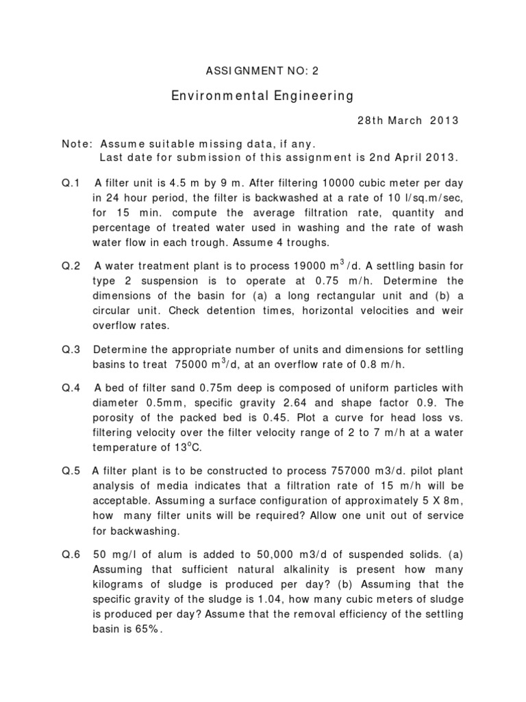 Environmental Engineering Assignment 2 | PDF | Filtration | Water ...