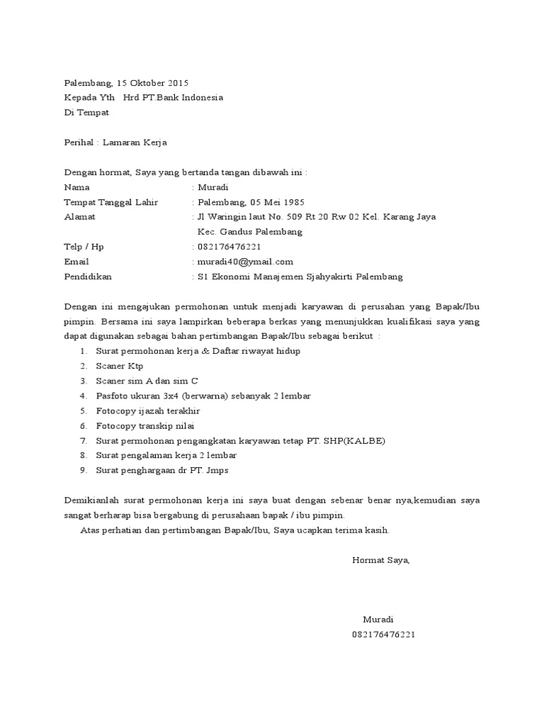 Surat Lamaran Pekerjaan Daftar Riwayat Hidup