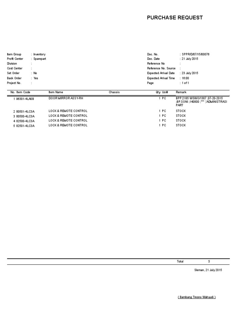Spare Parts Purchase Request Document | PDF