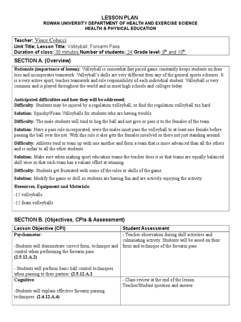 Detailed lesson plan about volleyball