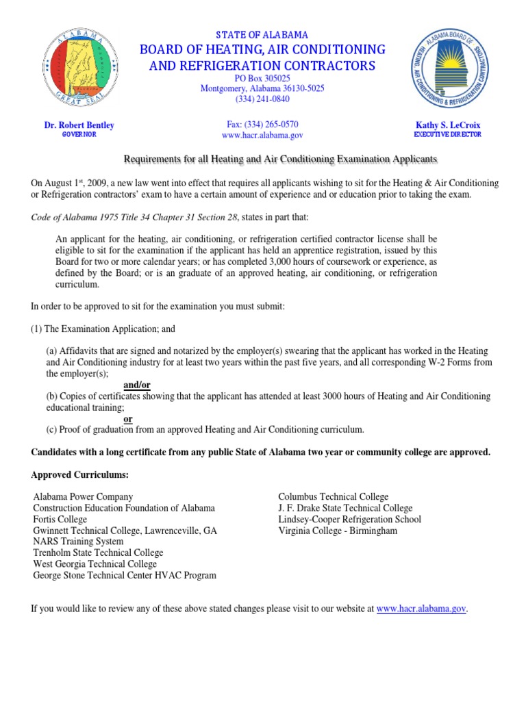 State of Alabama Requirements For All Heating and Air Conditioning Examination Applicants PDF
