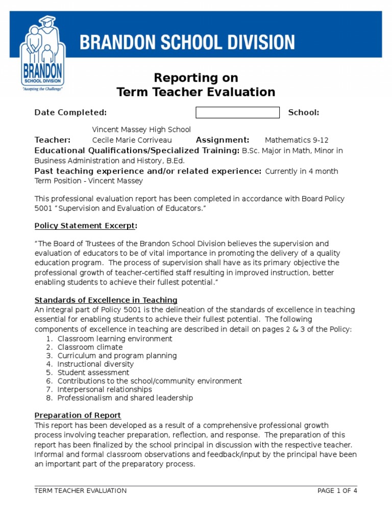 Reporting On Term Teacher Evaluation | PDF | Teachers | Educational ...