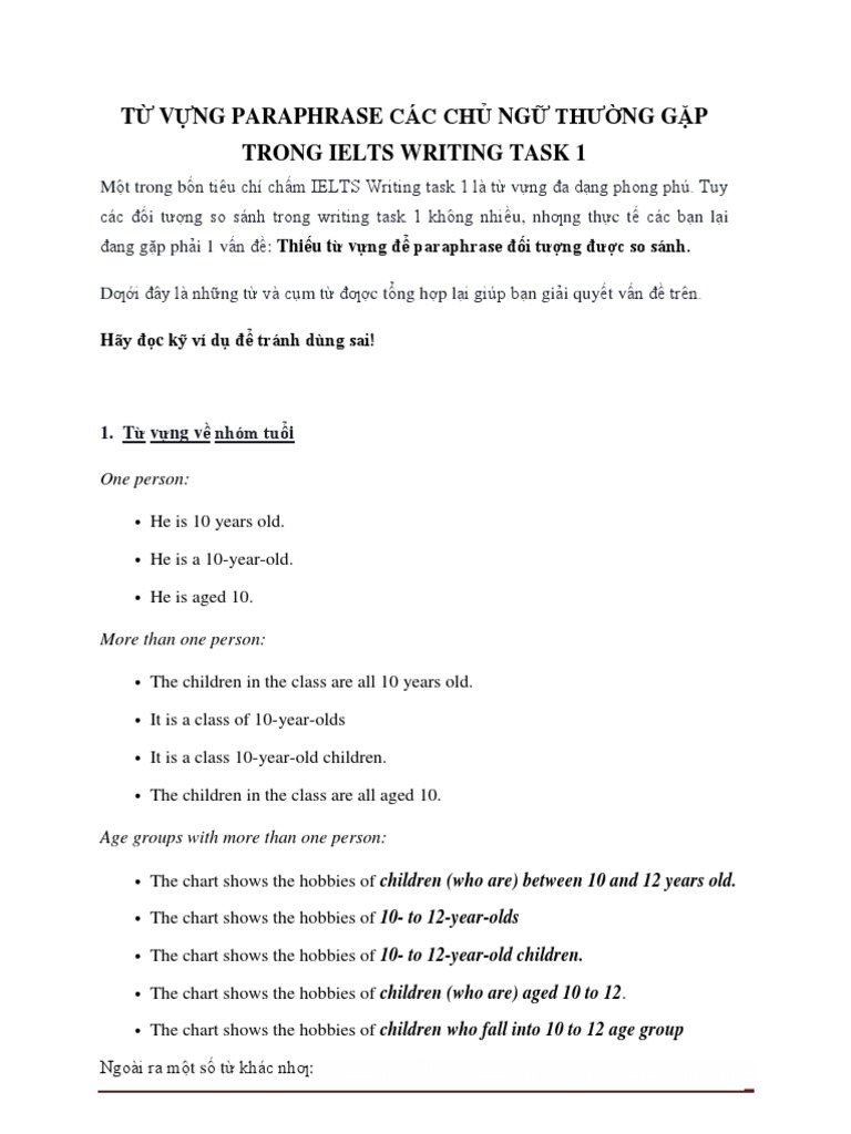T V NG Paraphrase Các CH NG Trong Ielts Writing Task 1 | PDF