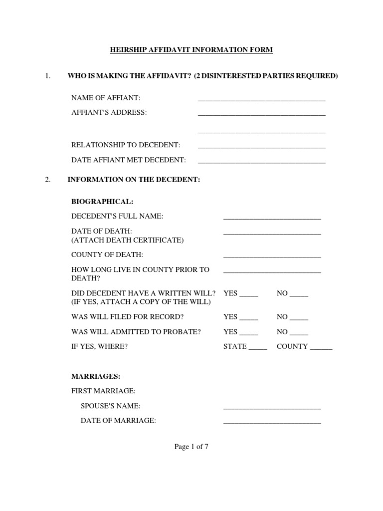 Blank Heirship Affidavit | Stepfamily | Parent