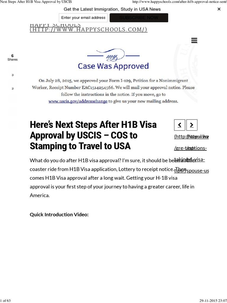 Next Steps After H1B Visa Approval by USCIS PDF H 1 B Visa Travel