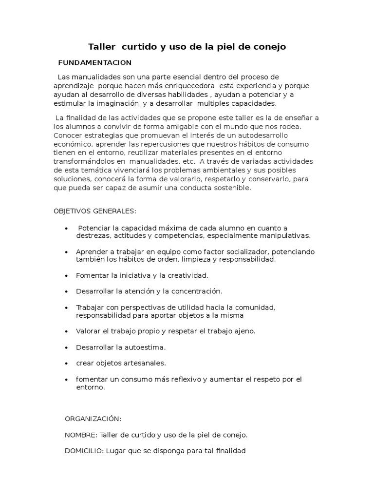 Taller Curtido y Uso de La Piel de Conejo PDF Aprendizaje Naturaleza