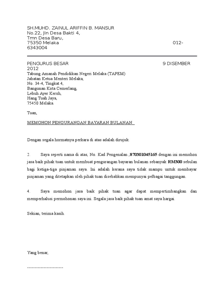 Surat Jadualan Semula Pinjaman Pdf