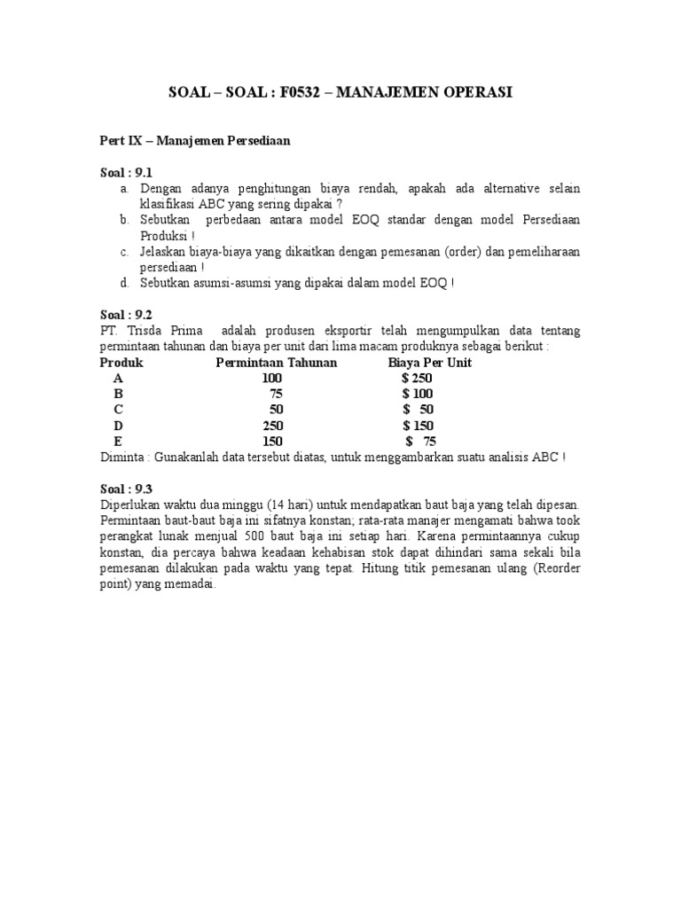 Soal Manajemen Operasional