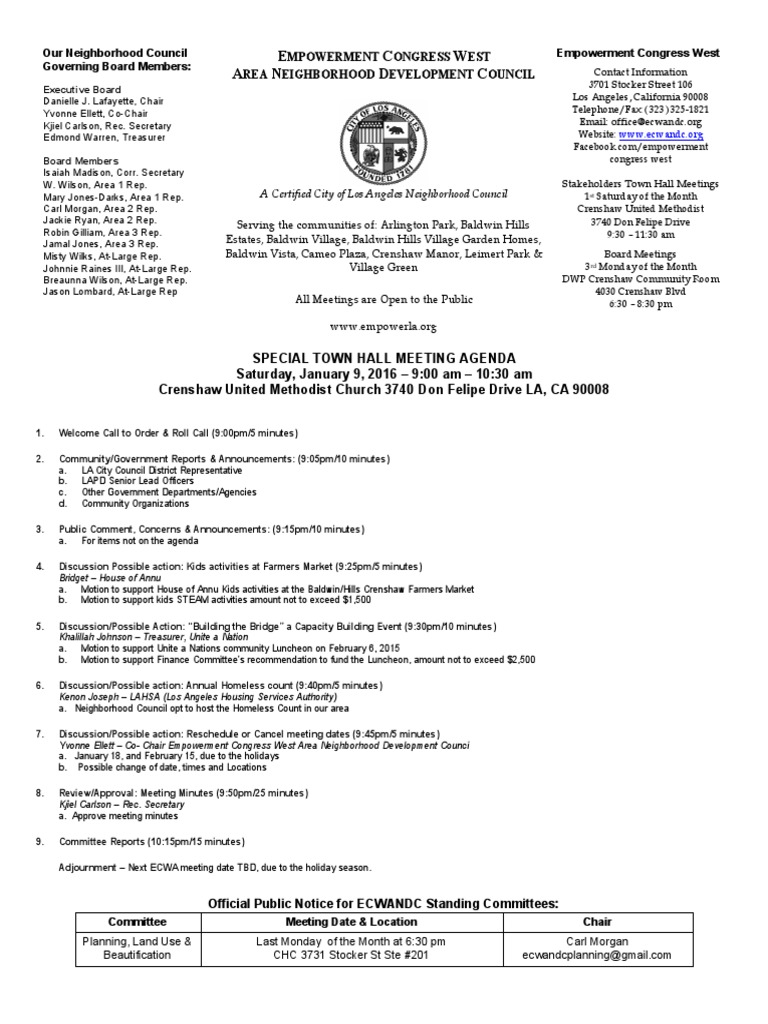ECWANDC Town Hall Meeting Agenda January 9 2016 Public Sphere 