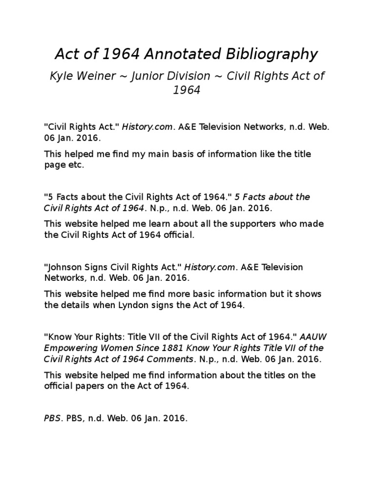 Act of 1964 Annotated Bibliography PDF Civil Rights Act Of 1964