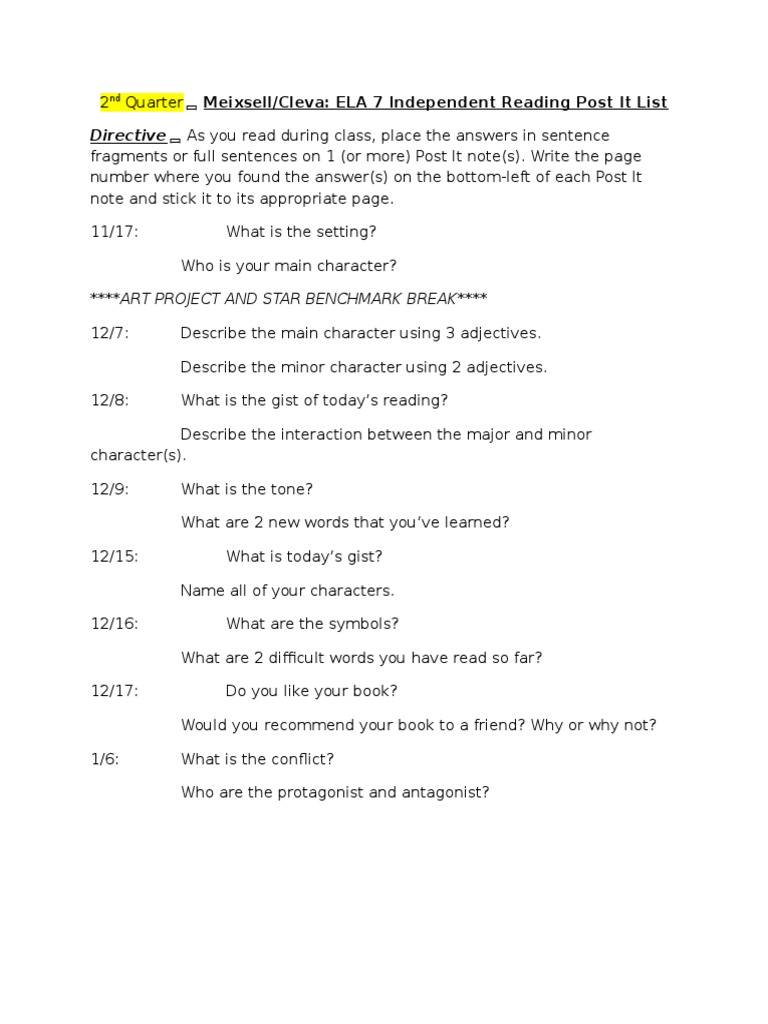 ELA 7 Independent Reading Guide | PDF