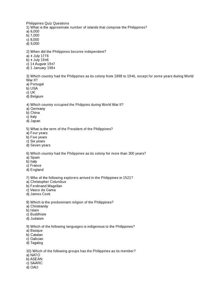 Philippines Quiz Questions Philippines Tagalog Language