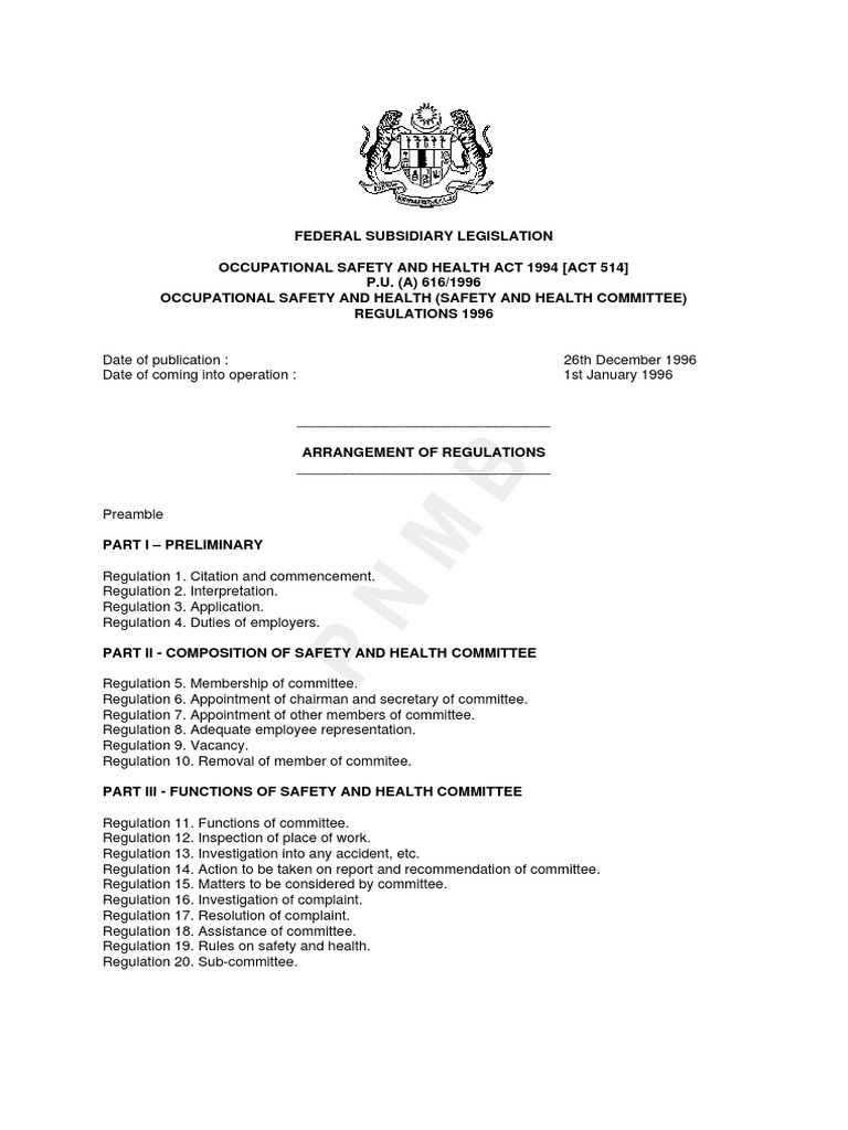 Safety and Health Committee Regulation 1996 PDF Safety