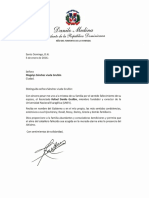 Carta de Condolencias Del Presidente Danilo Medina A Magalys Sánchez Viuda Grullón Por Fallecimiento de Su Esposo, Rafael Danilo Grullón