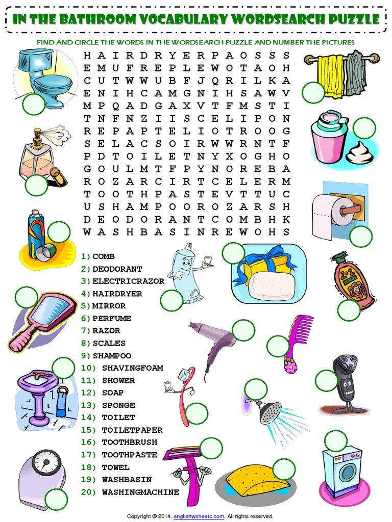 In The Bathroom Esl Vocabulary Wordsearch Puzzle Worksheet
