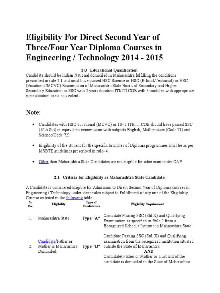 Eligibility For Direct Second Year of Three/Four Year Diploma Courses ...