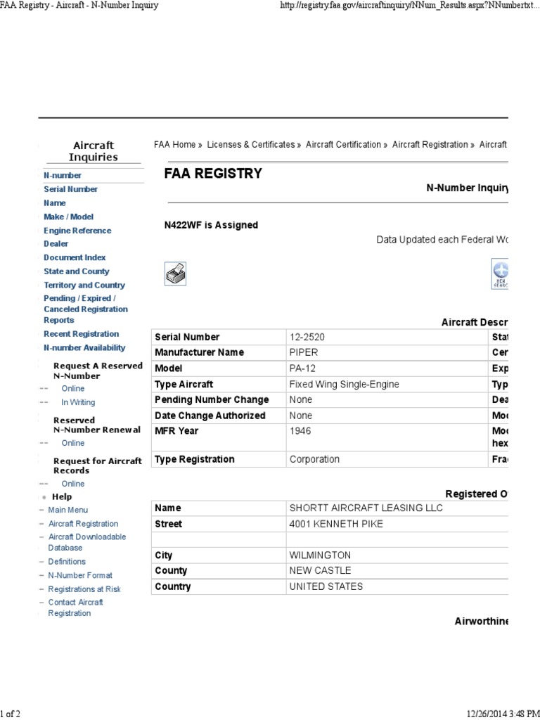 FAA Registry Aircraft NNumber Inquiry piper n422.pdf Aeronautics