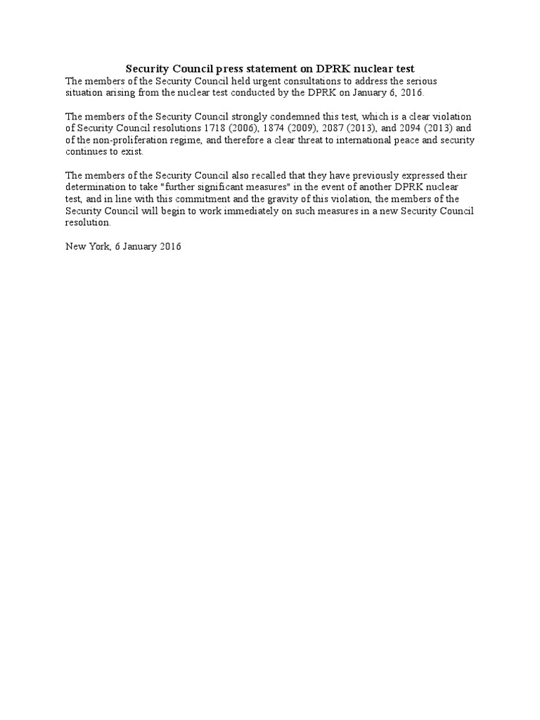UNSC Press Statement On DPRK Nuclear Test | PDF | Law