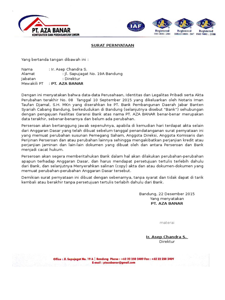 Surat Pernyataan Akta Notaris Aza