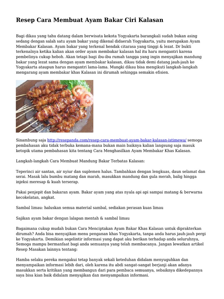 Resep Cara Membuat Ayam Bakar Ciri Kalasan