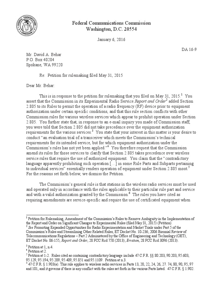 FCC Dismisses Petition on RF Device Rules | PDF | Federal ...