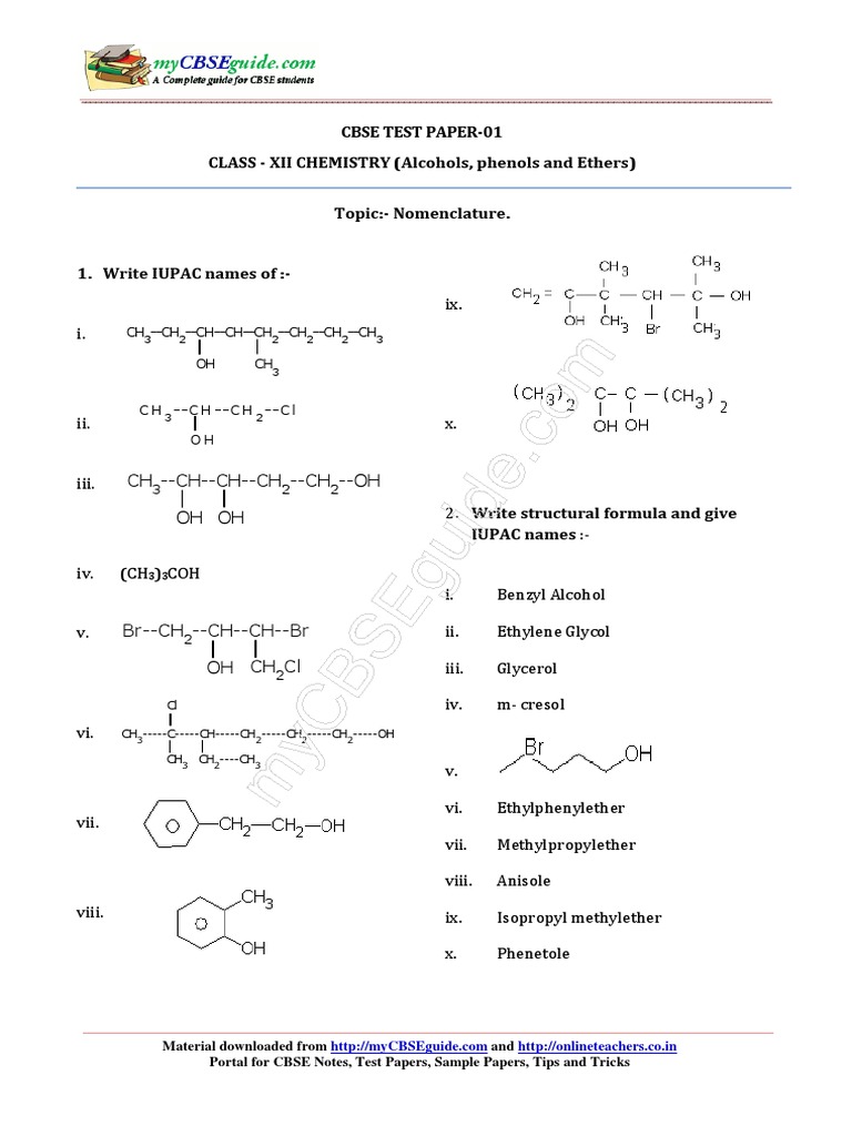 CBSE Class XII Chemistry: Alcohols & Ethers | PDF | Science & Mathematics