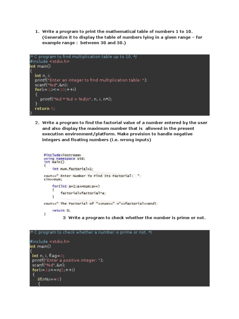 Write a Program to Print the Mathematical Table of Numbers 1 to 10 ...