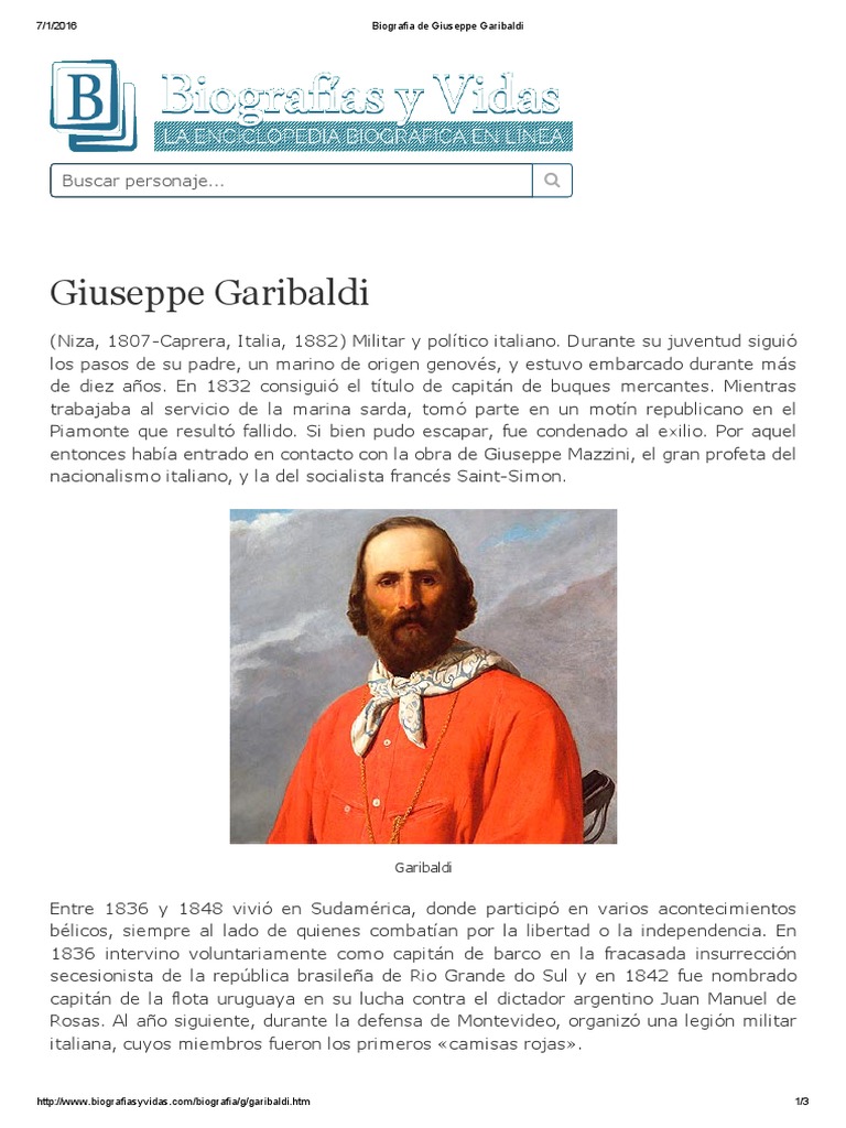 163 - Biografia de Giuseppe Garibaldi | PDF | Conflictos del segundo  milenio | Agitación, image size:768x1024