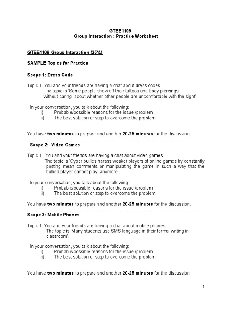 Group Interaction Practice Worksheet | PDF | Etiquette | Conversation