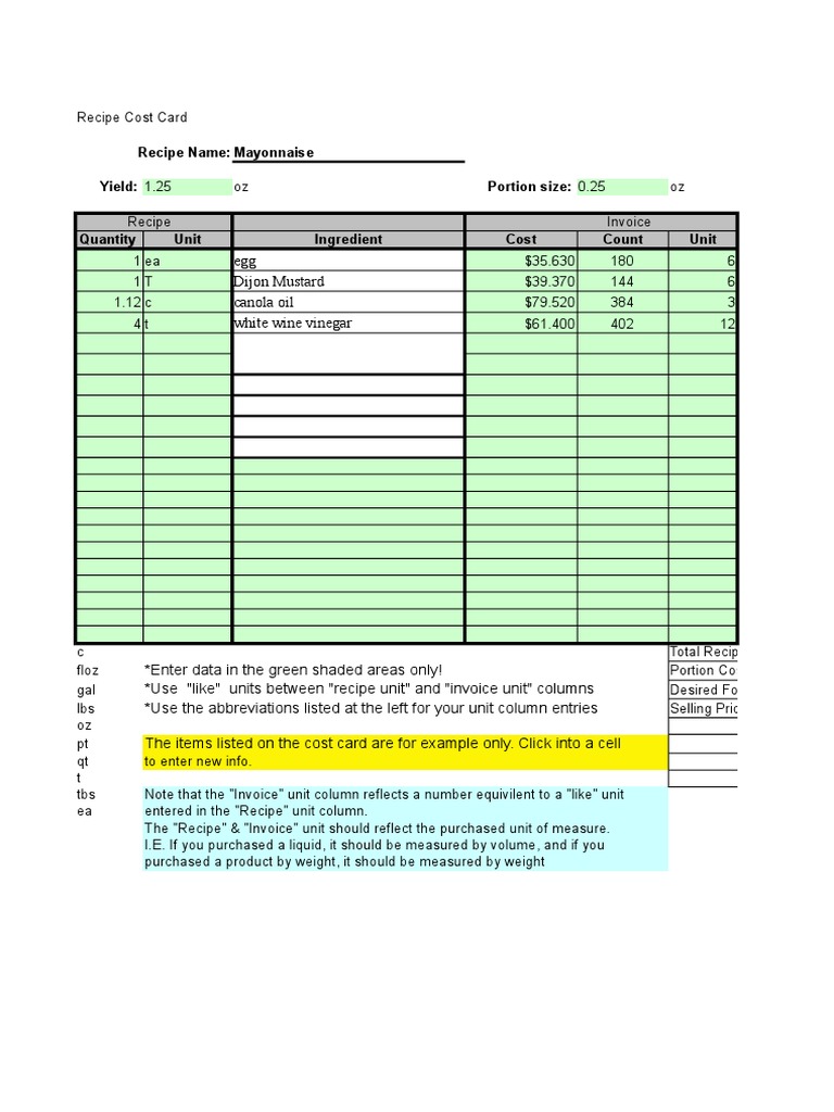 Mayonnaise Cost Card PDF Mayonnaise Foods