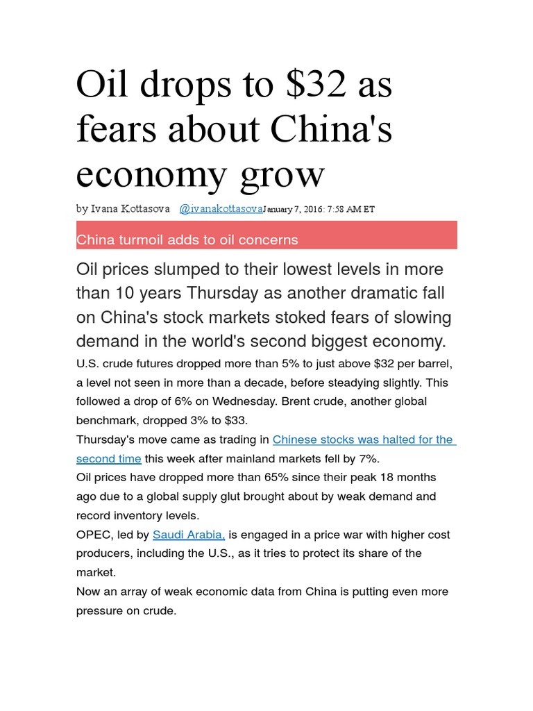 Oil Prices Plummet to $32 Amid China Fears | PDF | Politics ...