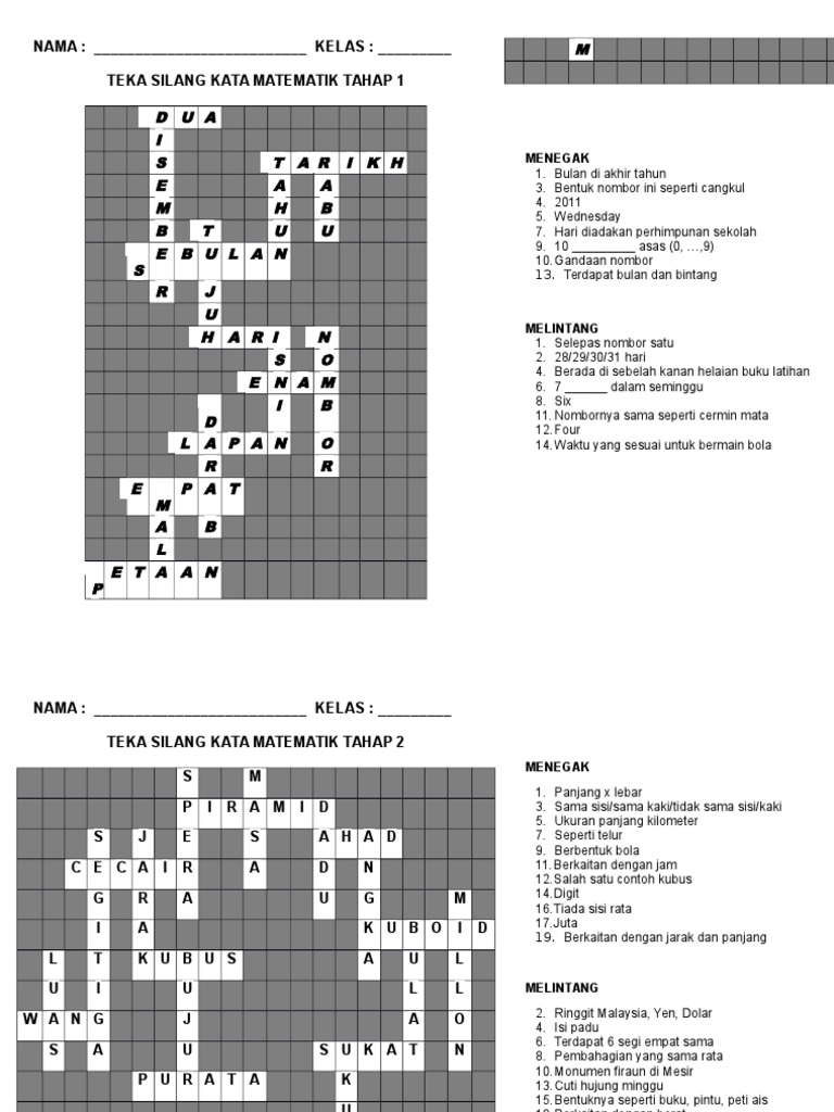 Teka Silang Kata Matematik (Jawapan)