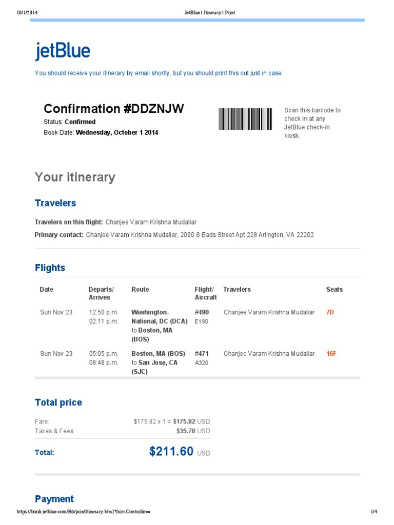 JetBlue Itinerary Print PDF Baggage Fee