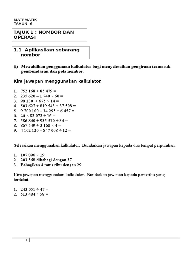2016 -Tahun 6 KSSR - Nombor Dan Operasi - Nota