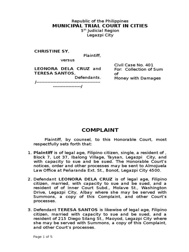 Sample Complaint For Civil Case PDF Automated Teller Machine Lawsuit