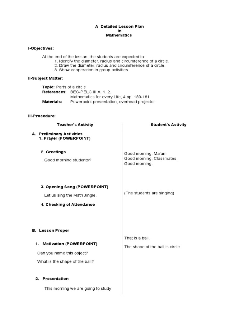 Circle Parts and Formulas Lesson Plan | PDF | Diameter | Radius
