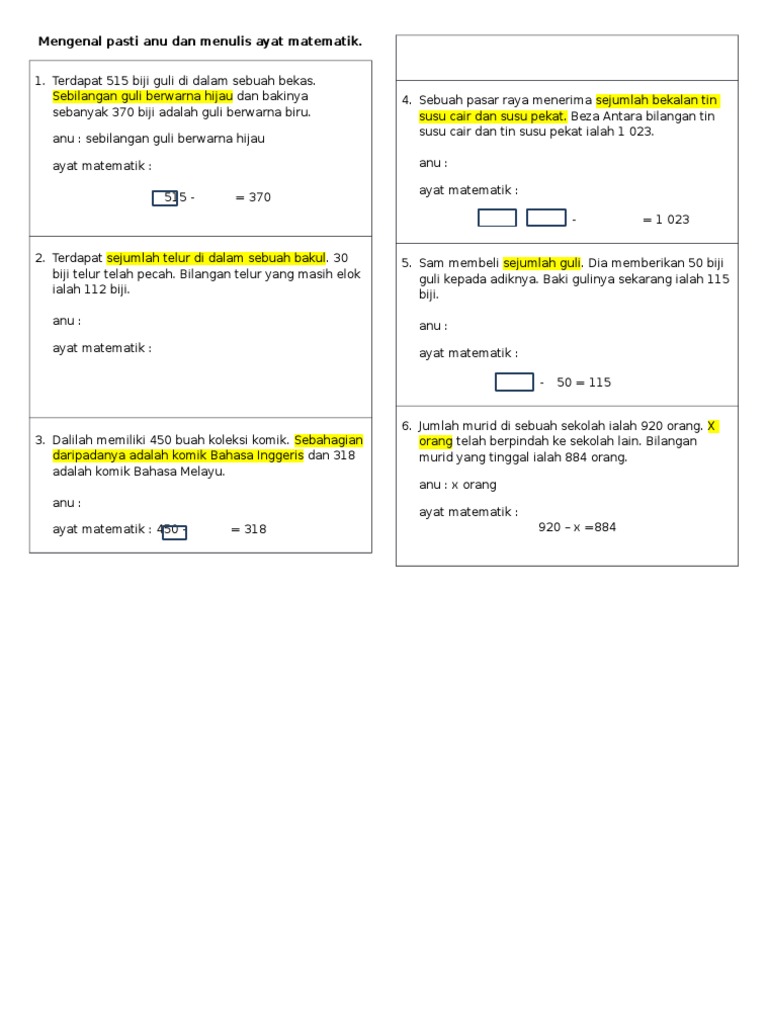 TOLAK_ Mengenal Pasti Anu Dan Menulis Ayat Matematik (Ada Jaw)