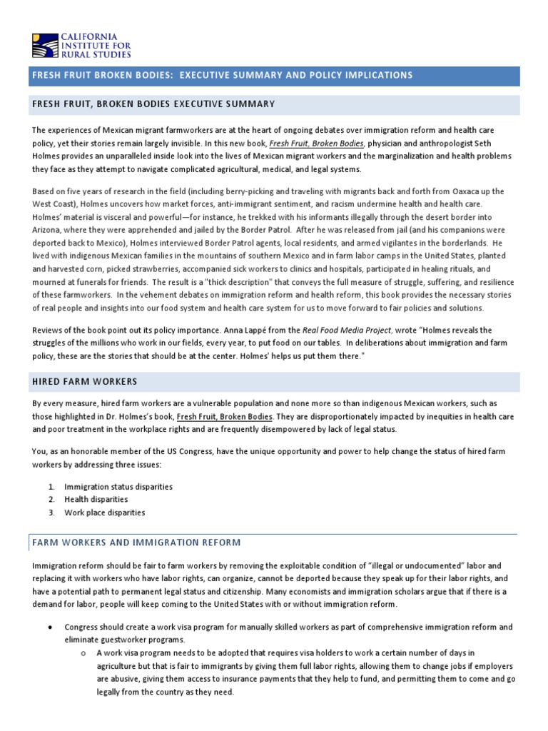 Fresh Fruit Broken B Odies Executive Summary and Policy Implications PDF Farmworker