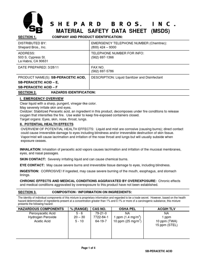 Sds SbPeracetic Acid Products PDF Hydrogen Peroxide Fires