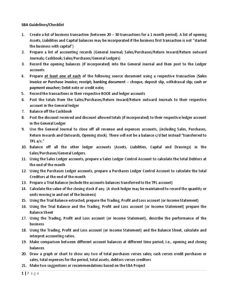 POA SBA Guidelines Checklist Debits And Credits Statement