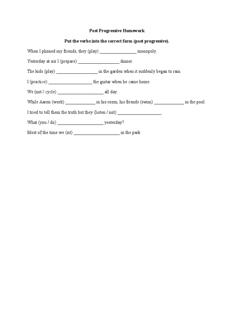 Past Progressive Homework Put The Verbs Into The Correct Form (Past ...