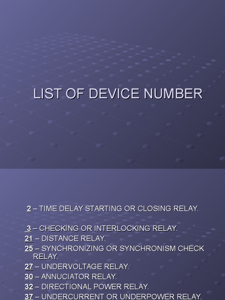 Protective Relay Device Numbers List | PDF | Relay | Electrical Substation