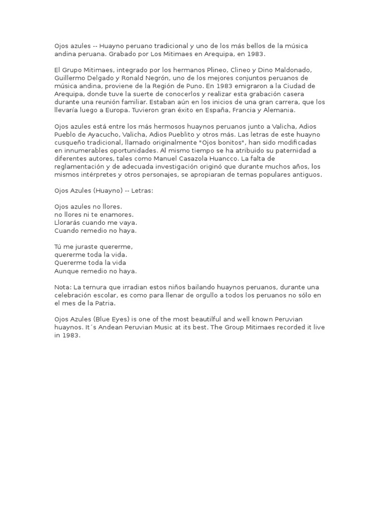 origen de la cancion ojos azules Perú Entretenimiento (general)