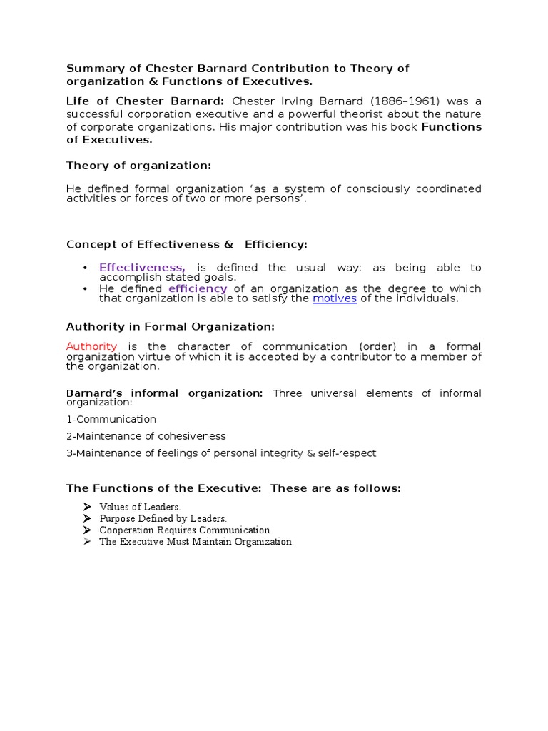 Summary of Chester Barnard Contribution to Theory of Organization