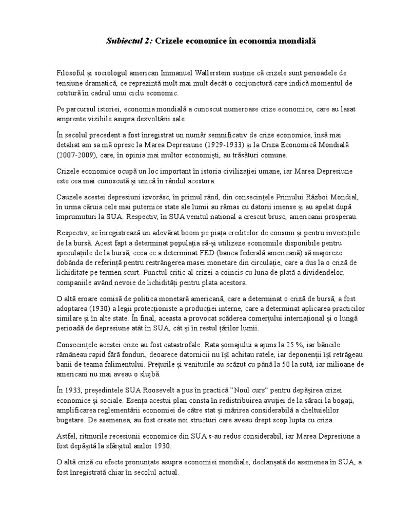 Crizele Economice In Economia Mondiala