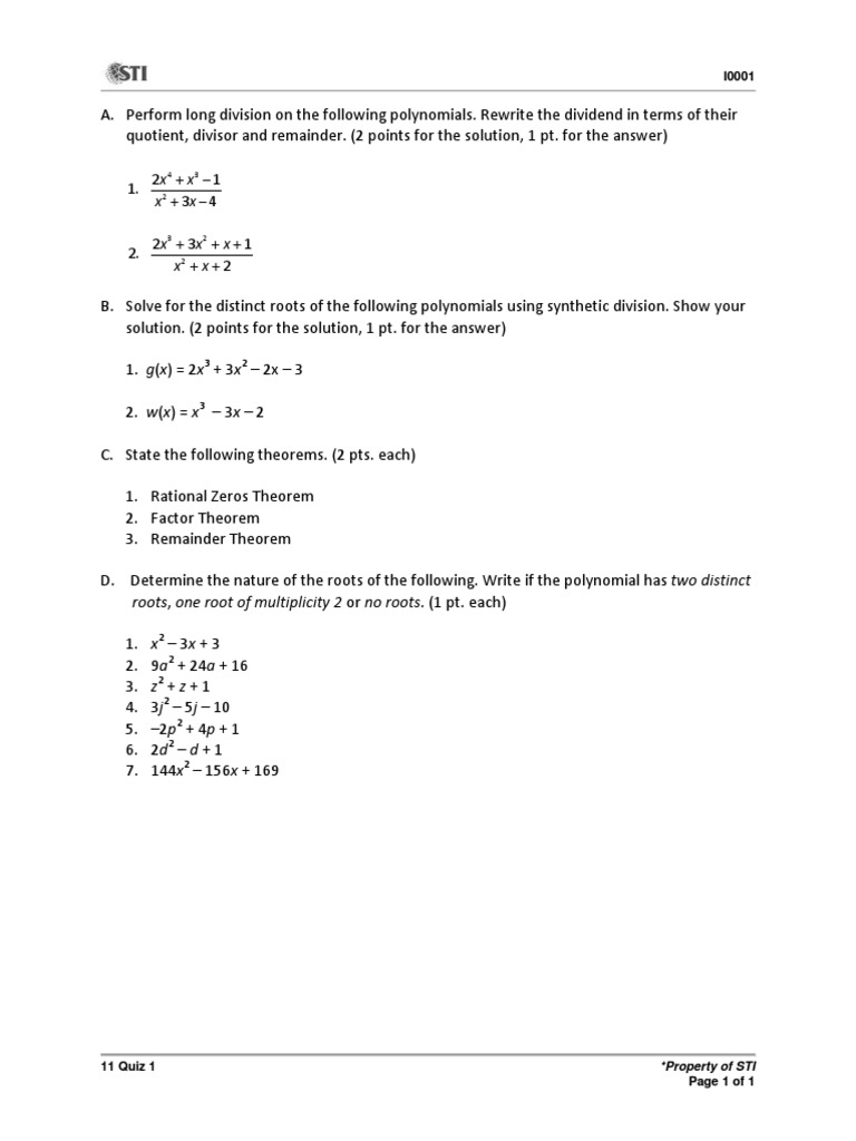 Polynomial Division Quiz | PDF