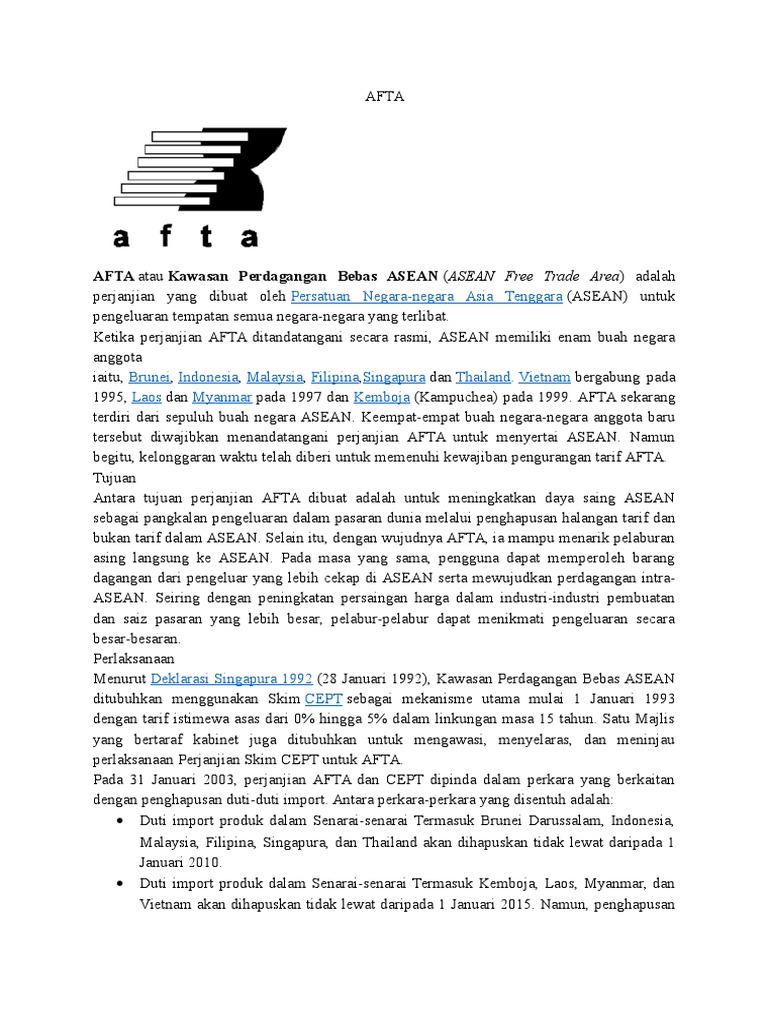 Sejarah dan Tujuan AFTA ASEAN | PDF