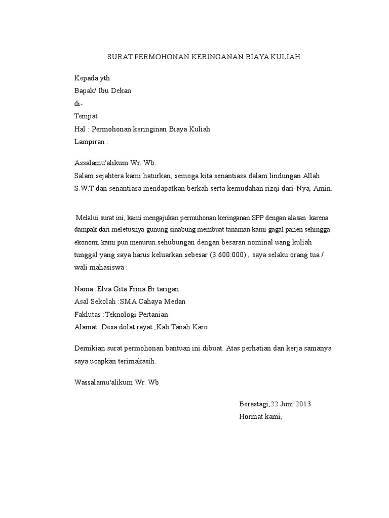 Surat Permohonan Keringanan Biaya Kuliah  PDF