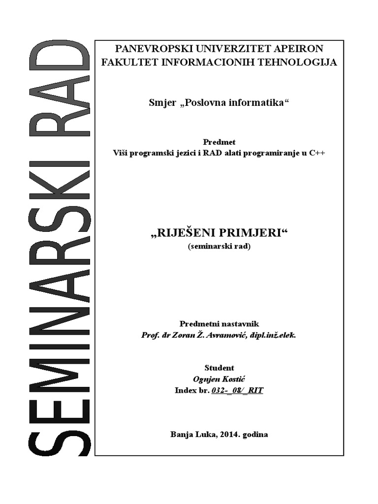 Seminarski Rad Rijeseni Primjeri C++ Ognje Kostic | PDF